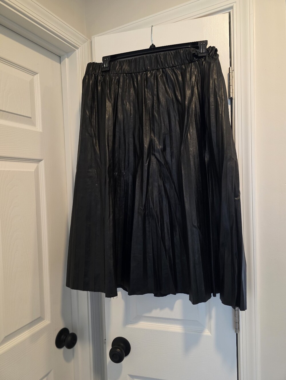 Black Pleated Midi Skirt - Women's Faux Leather